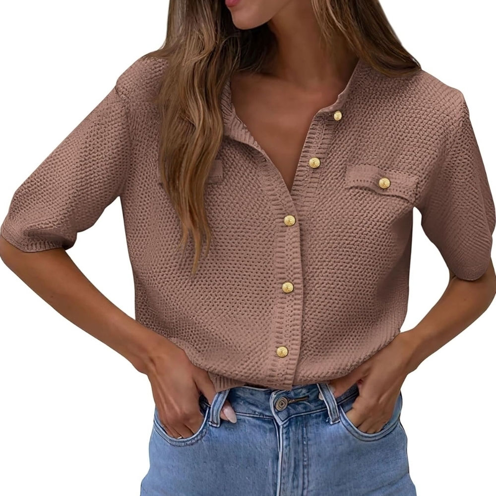 Women's Textured Button-Up Top - Taupe
